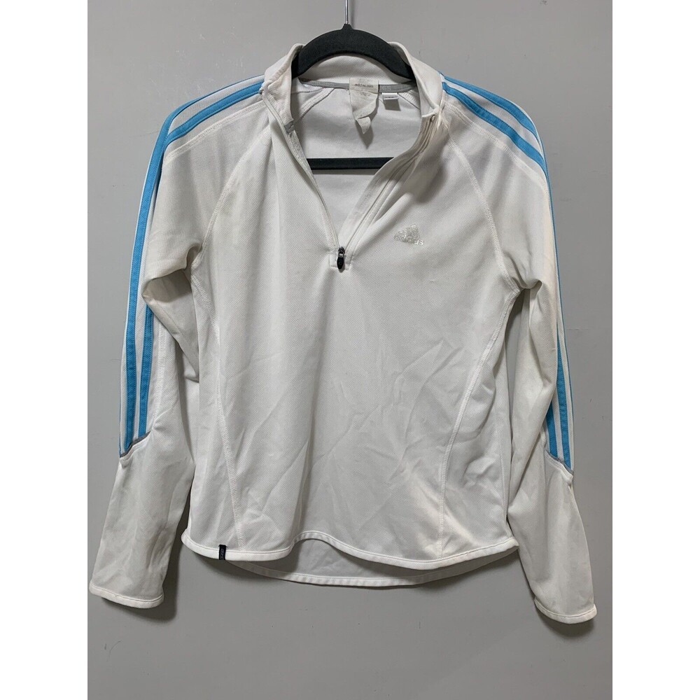 Adidas Women XS White/Blue Quarter Zip Jacket Stripes Semi Sheer Athleisure Vtg
